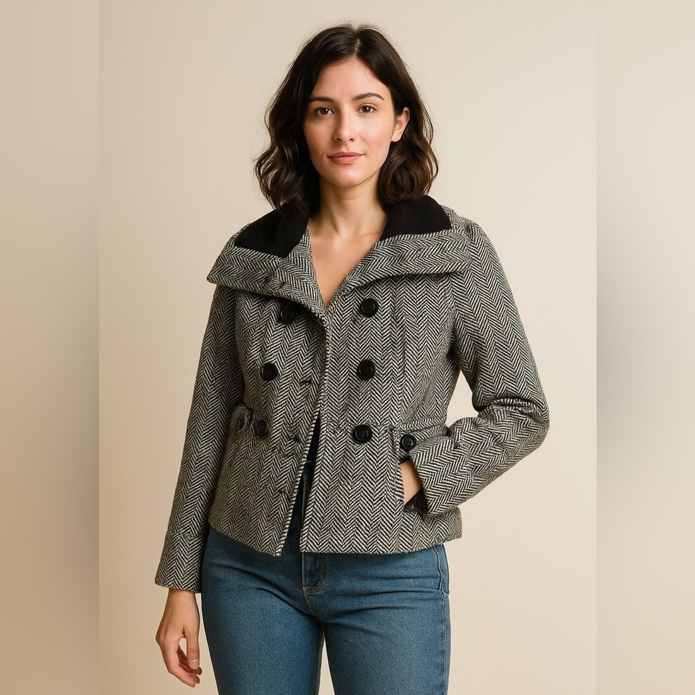 Last Kiss Y2K Herringbone Peacoat Jacket Wool Blend Black Gray Size L